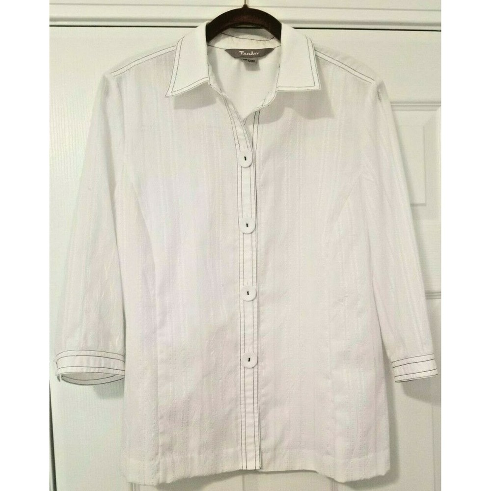 TanJay White on White Detailed Blouse w/Black Stitching Size 12